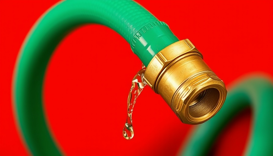 Green garden hose with a knot and water droplet, red background.