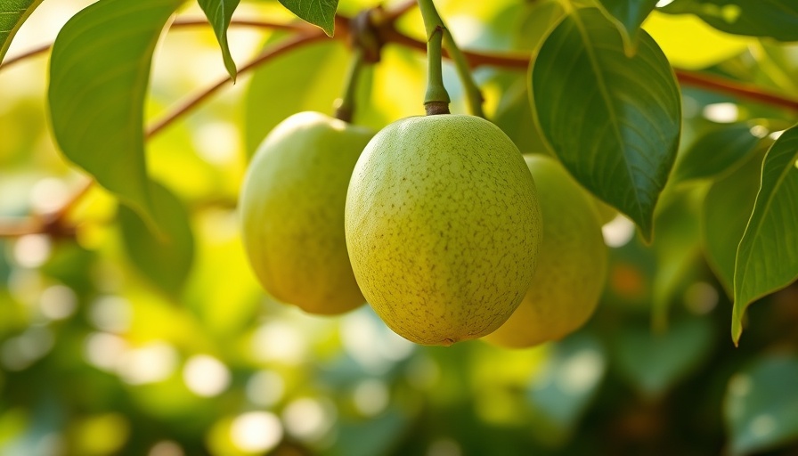 Fresh green monk fruit on vine, lush garden setting.
