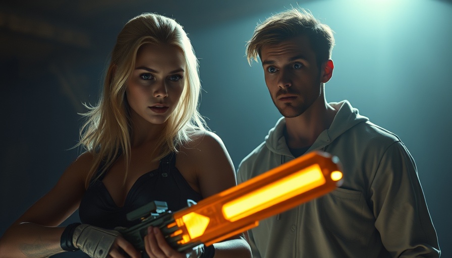 Two characters in Thunderbolts credits scene with glowing weapon, dim setting.