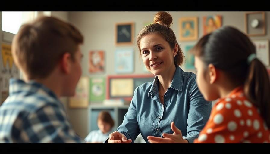 Teacher interacting with students in bright classroom.