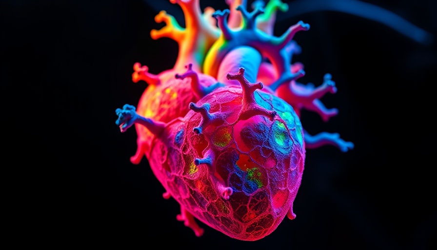 Colorful cardiac organoids with immune components, vibrant neon display.