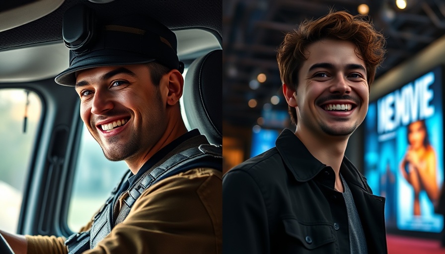 Split image of Josh Peck in tactical gear on left, casual event look on right.