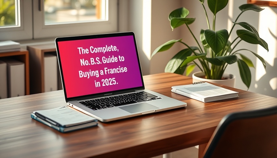Workspace with laptop displaying Guide to Buying a Franchise cover.