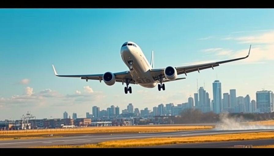 Airplane taking off, city skyline, travel deals inspiration.