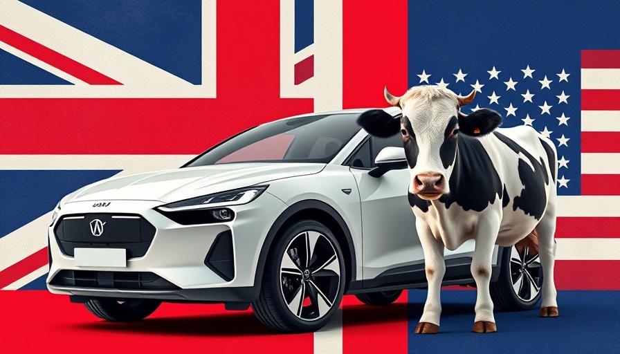 Collage of a car and cow with UK and US flags in background.