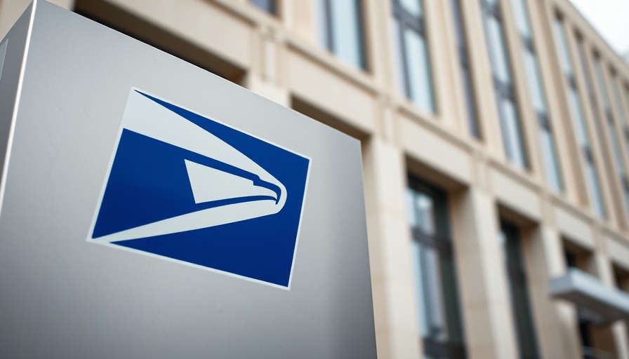 USPS headquarters sign highlighting logo and building facade.