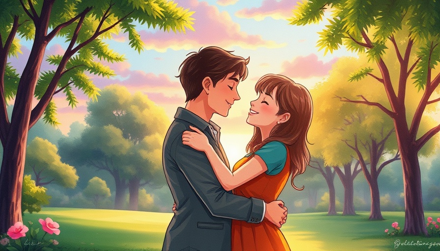 Cartoon couple embracing in a colorful park, savoring time with loved ones.