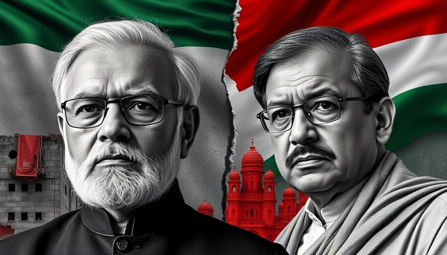 India Pakistan conflict religious strongmen portrait in symbolic backdrop.