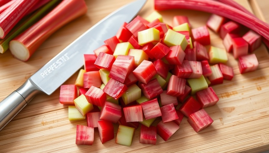 Freshly cut rhubarb pieces on a cutting board for roasting.