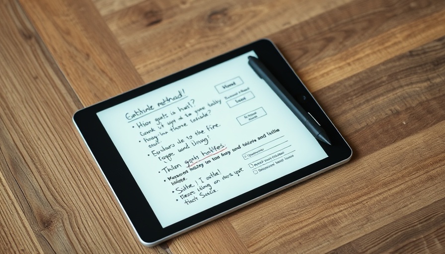 Tablet with outline method notes and stylus on wooden table.