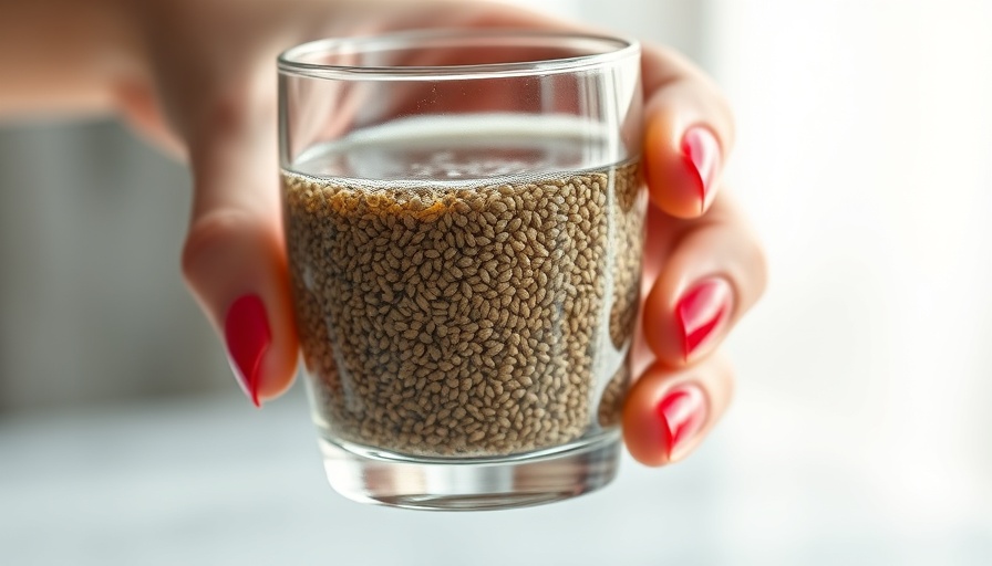 Chia seed water for gut health trends, hand holding glass.