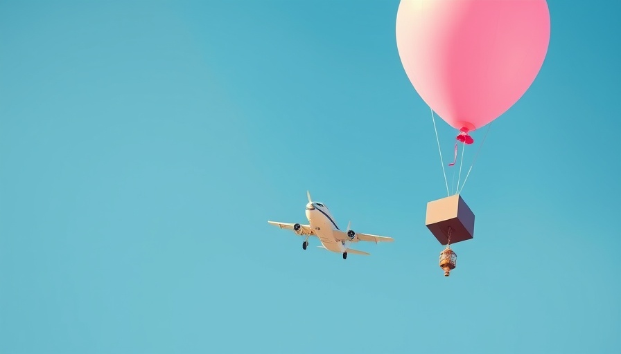 Surreal airplane suspended by balloon symbolizing overcoming flight anxiety.