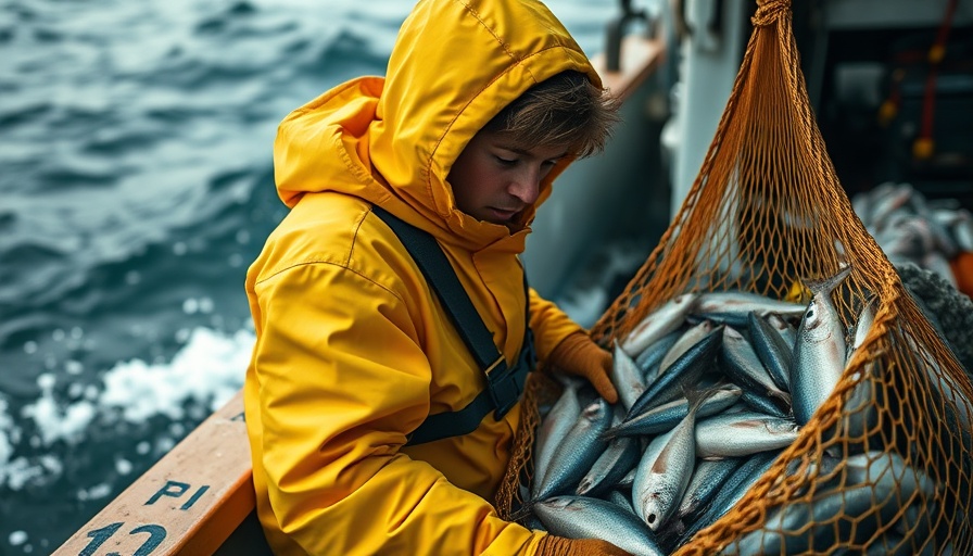 UK-EU Relations on Fishing Rights: Young fisherman handling net of fish.