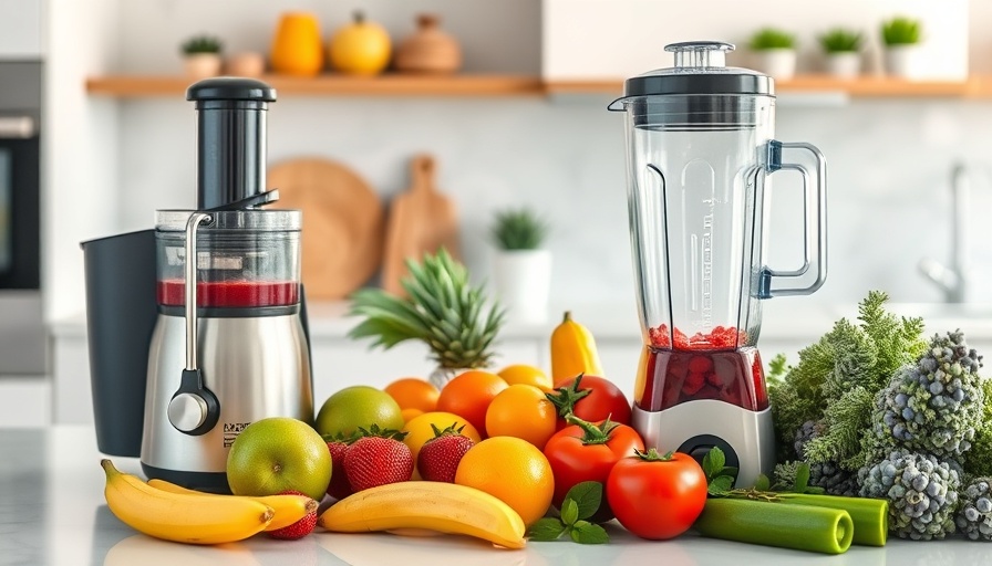 Juicer vs. Blender on kitchen counter with fruits and vegetables.