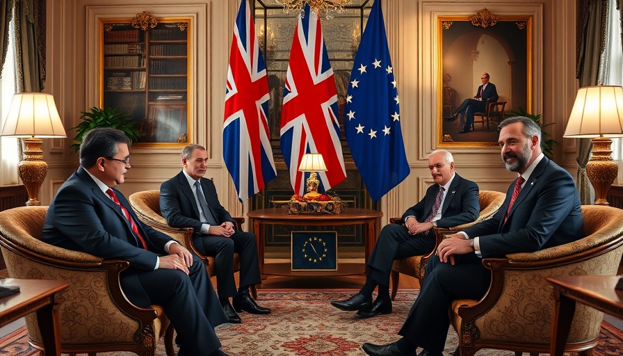 Officials discussing UK EU economic prosperity in elegant room.