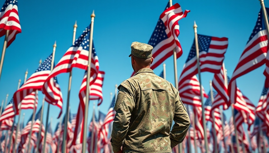 Military soldier observing American flags, Memorial Day theme