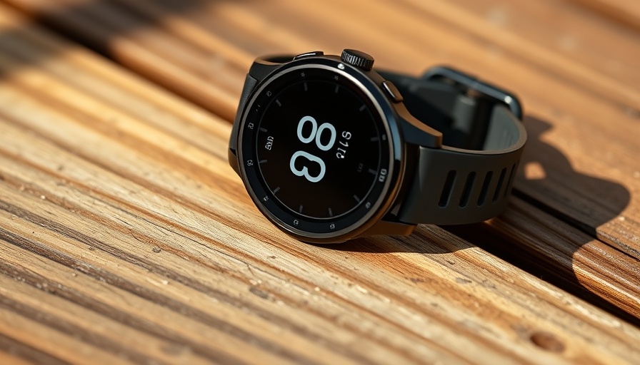 Garmin fitness watch on wooden surface, showing time and date.