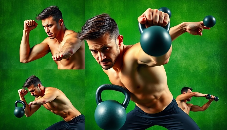 Core strength workout collage featuring athletic male with kettlebells and dumbbells.