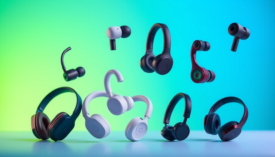 Assorted budget headphones and earbuds under $100 on gradient background