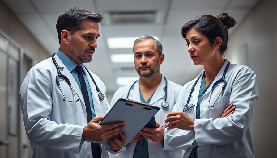 Medical residents discussing with clipboard, highlighting stress in healthcare.