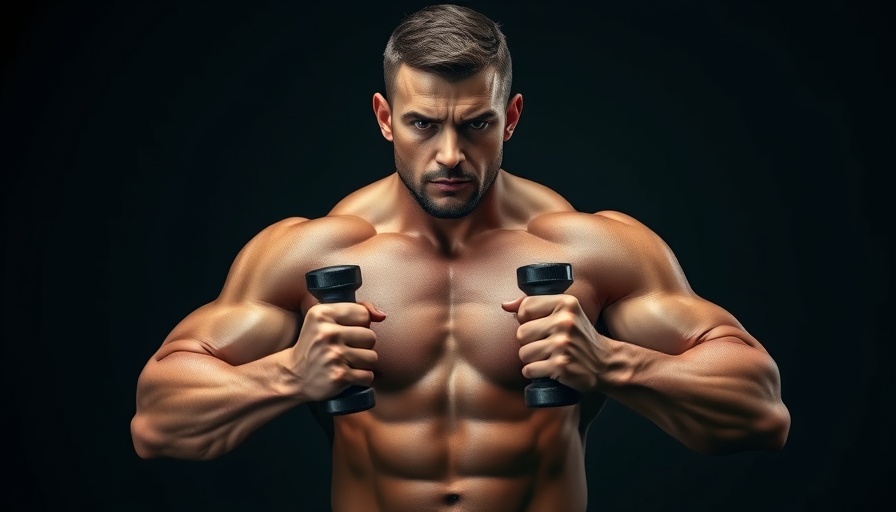 Man doing inner chest exercises with dumbbells, dramatic lighting.