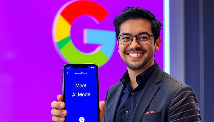 Tech executive showcasing AI mode on smartphone, Google background.