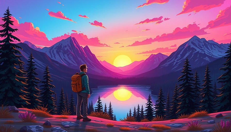 Awe-inspiring journal landscape: Lone hiker at sunset by a serene lake.