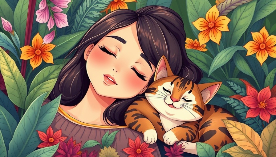Illustration of woman and cat promoting better sleep and spiritual wellness.