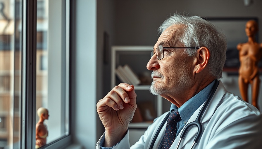 Older doctor experiencing loneliness among family physicians in medical office.