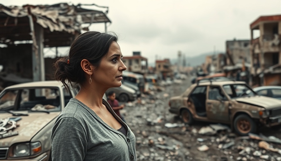 Woman surveys burnt vehicles and debris in a war-torn area.