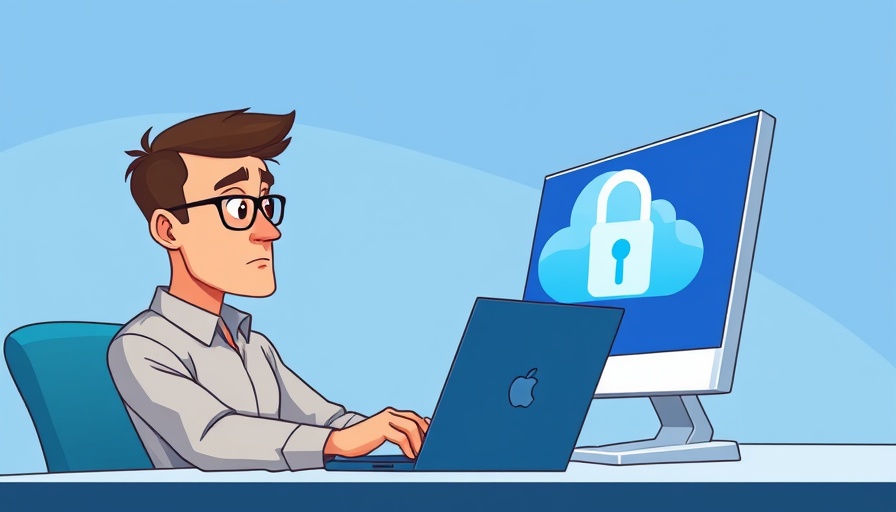 Cartoon of man with laptop, padlock on screen, data security concept.