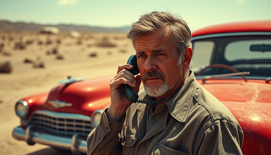 Crime show scene with man at payphone and red car in dusty setting.