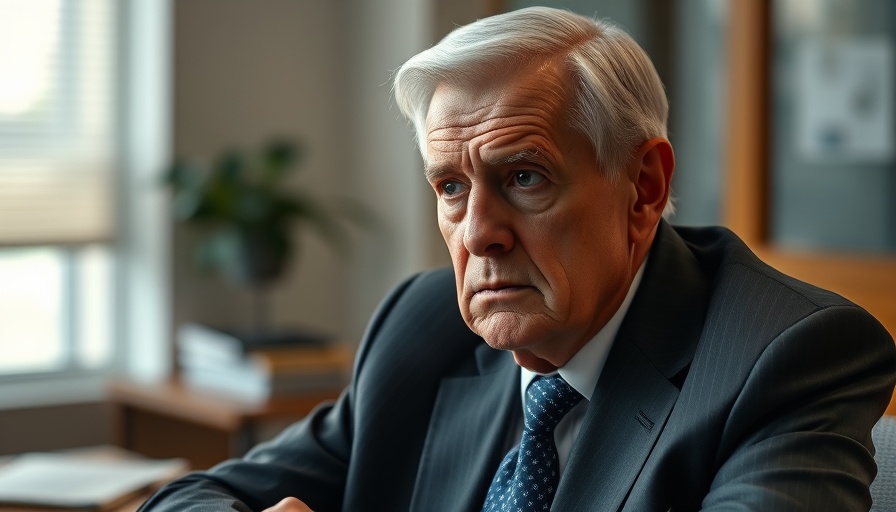 Serious older man in a suit reflecting, office setting, tariff truce violation.