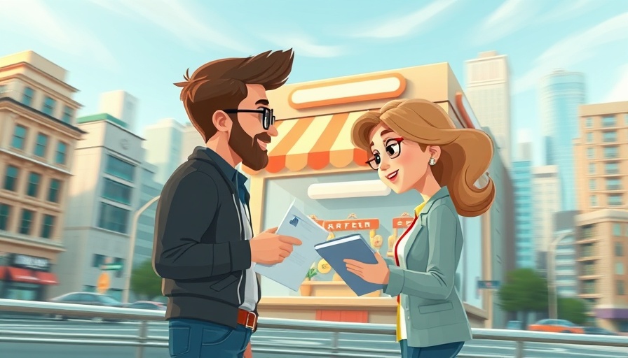 Cartoon illustration of marketers analyzing a digital storefront for regional franchise marketing strategies.