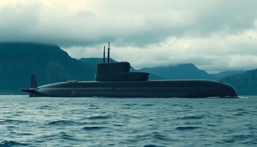 British submarine cruising along coast with cloudy skies.