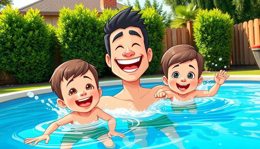 Cheerful adult and kids in a pool, vibrant backyard, parenting is terrifying.