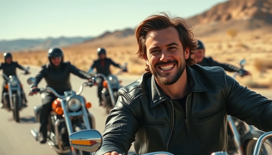 Smiling man with motorcycles in action scene, Tom Cruise signature run.