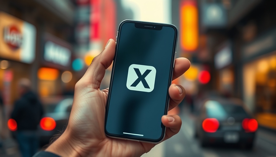 Smartphone displaying X logo with vibrant urban bokeh background