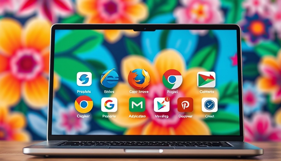 AI-powered browsers icons with floral background on laptop.