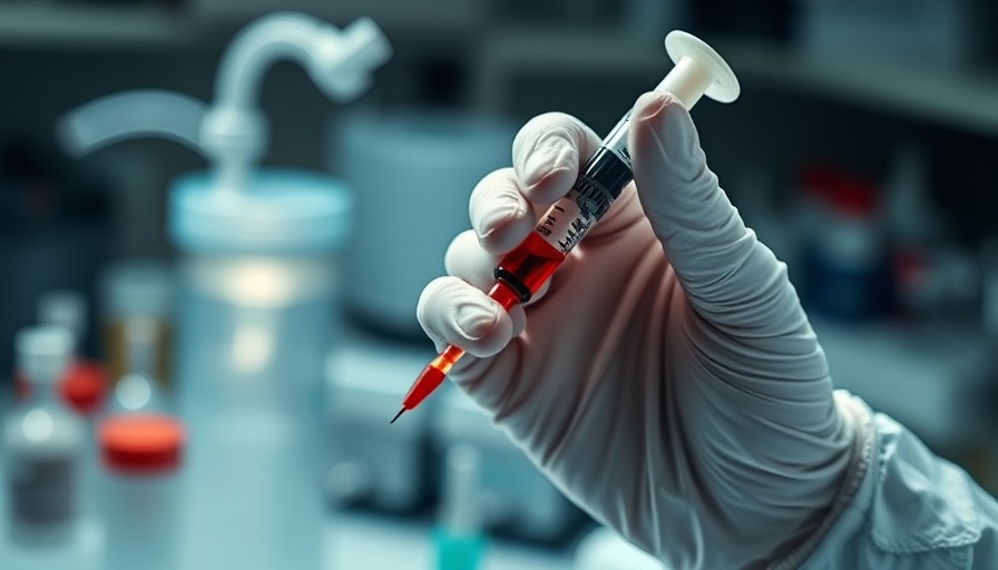 Hand in glove holding syringe with blood in lab, taurine research focus.