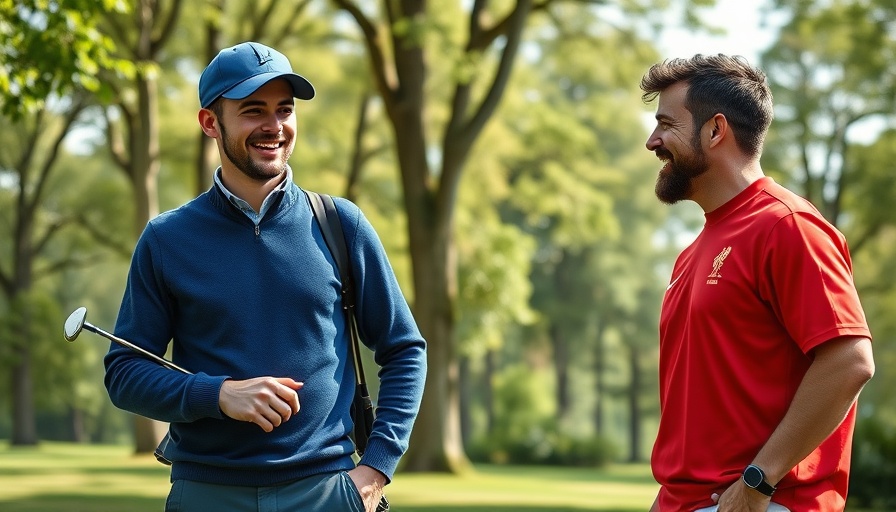 Two men chatting and smiling in a park, one carrying golf clubs.
