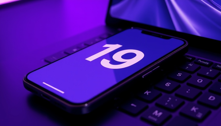 iOS 26 features for digital nomads: smartphone on a keyboard in purple hues.