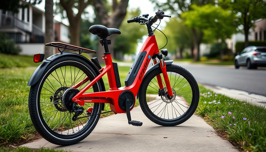 Sleek red Buzz Drone E-bike parked on suburban sidewalk.