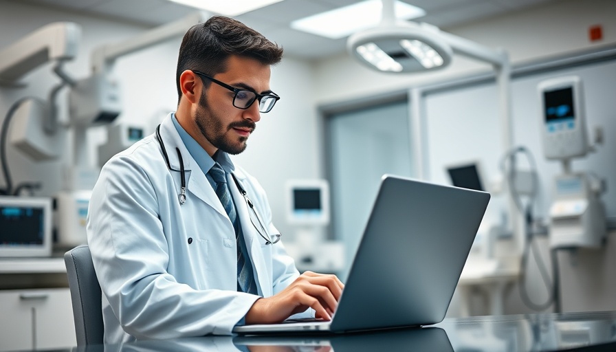 Doctor in hospital reviewing email security on laptop, healthcare setting.
