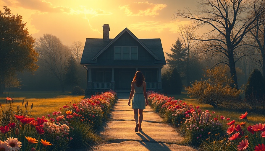 Woman leaving dark house towards vibrant path - Mother's Alcoholism Impact on Healing.