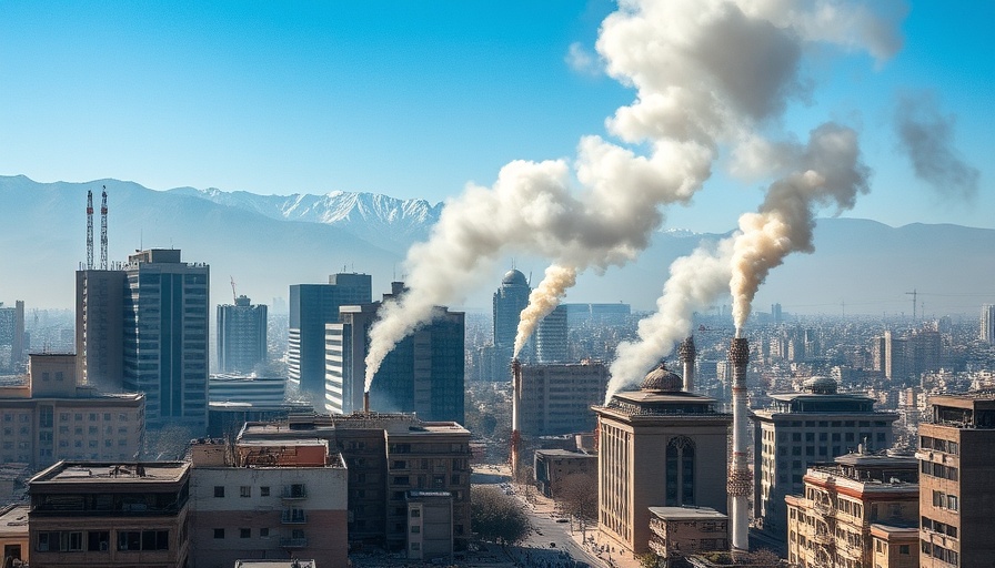 Smoke rising over Tehran skyline under a blue sky, Israel aerial control context.