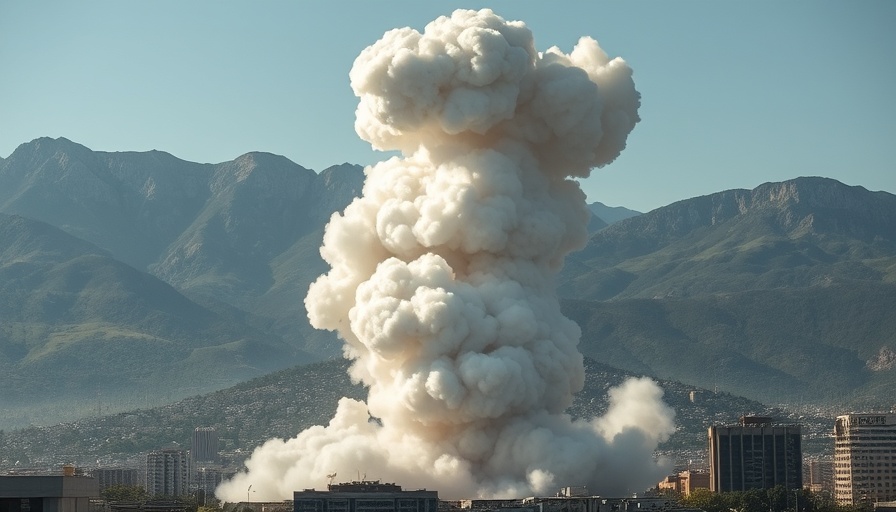 Smoke plume during Israel-Iran conflict, city backdrop.