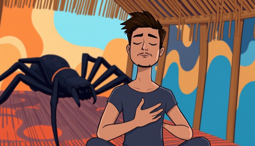 Calm man meditates next to spider in colorful bamboo setting.