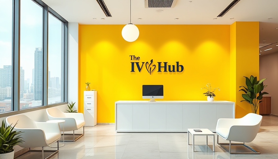 Modern IV Hub Wellness reception with yellow wall and sleek design.