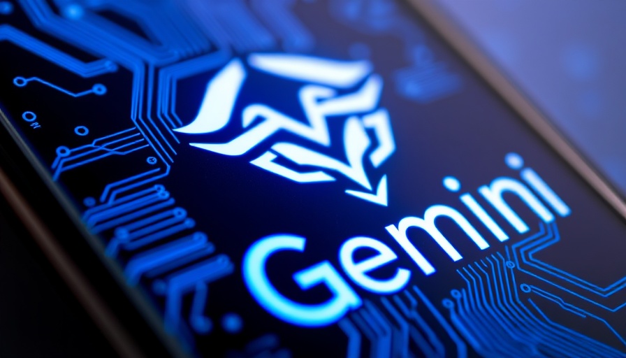 Close-up of smartphone with Gemini logo and digital circuit background.